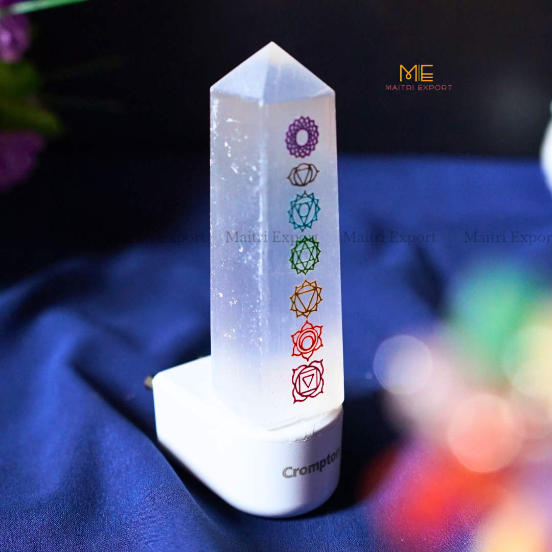 7 Chakra Carving Symbol with Selenite Tower Lamp-Maitri Export | Crystals Store