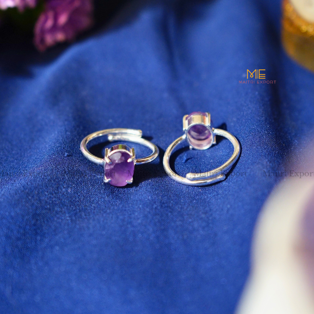 Natural Healing Crystal Stone Oval Faceted Gem quality Ring ( Rhodium polish, Anti tarnish )-Amethyst-Maitri Export | Crystals Store