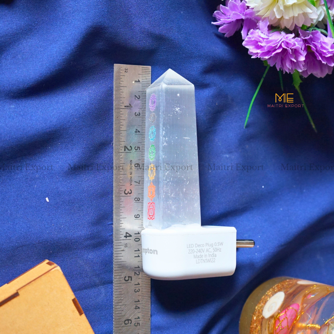 7 Chakra Carving Symbol with Selenite Tower Lamp-Maitri Export | Crystals Store