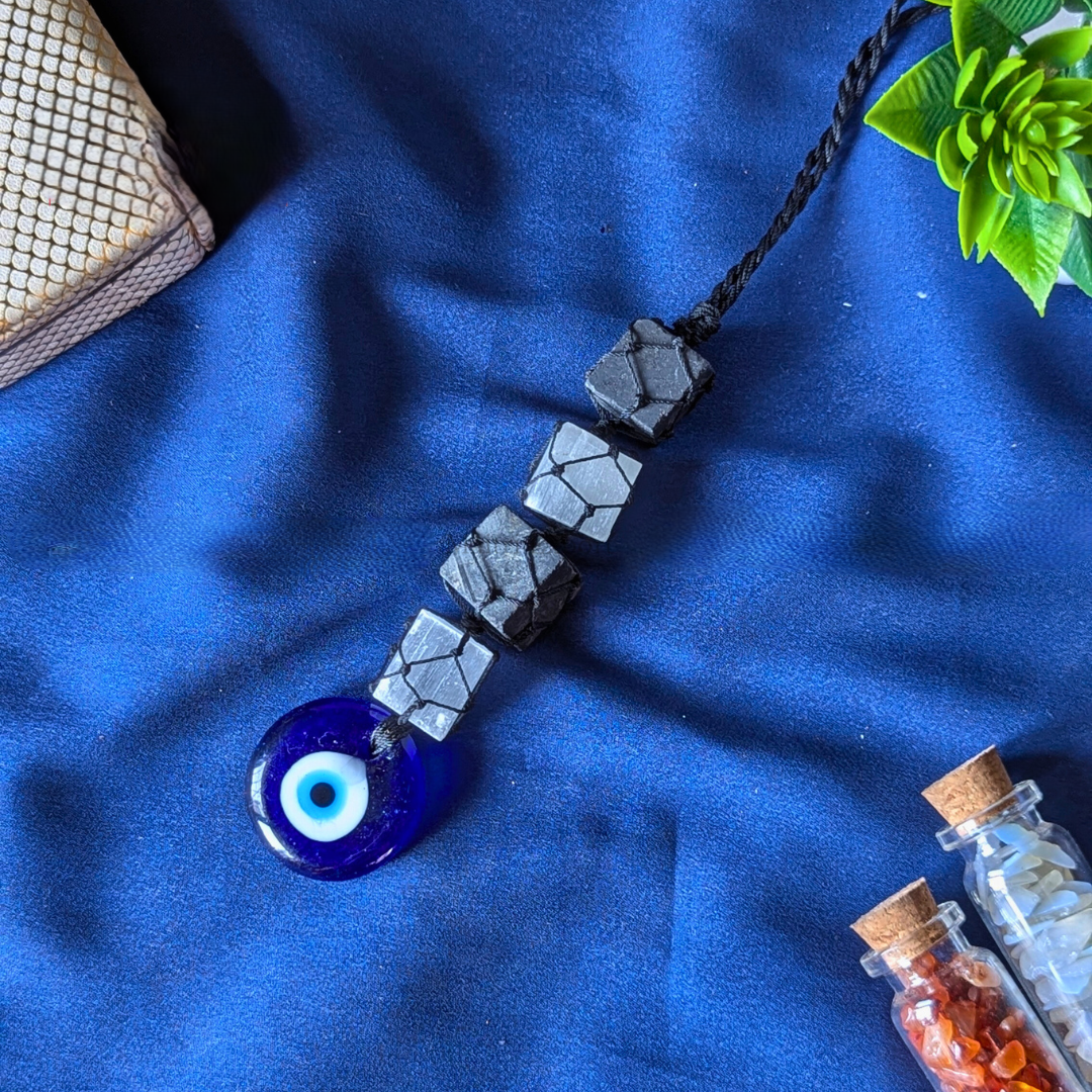 Selenite / Tourmaline Evil Eye Hanger ( 4 beads )-Selenite & Black Tourmaline-Maitri Export | Crystals Store