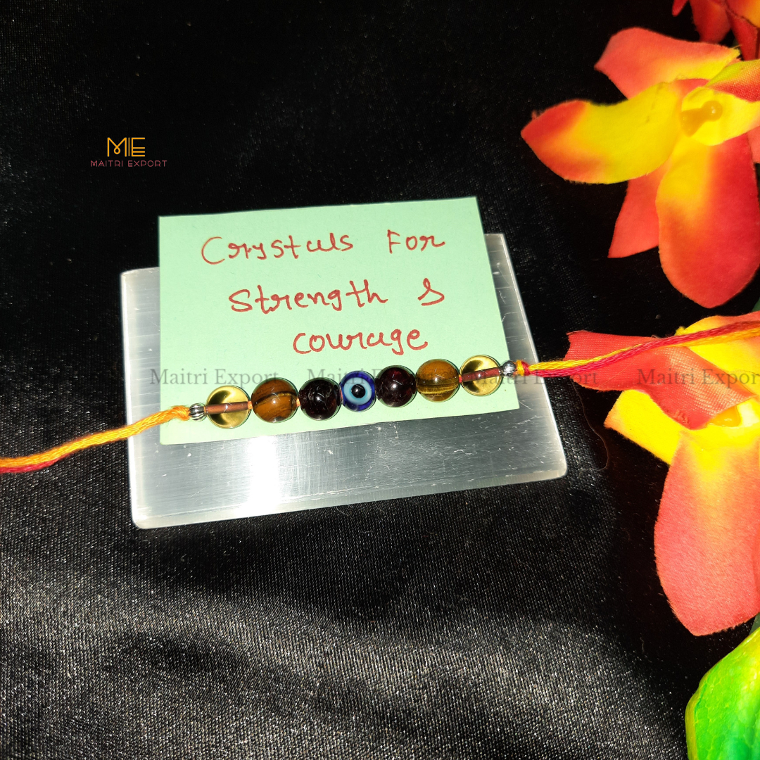 Natural crystal stone purposed rakhi-Strength & Courage-with evil eye bead-Maitri Export | Crystals Store