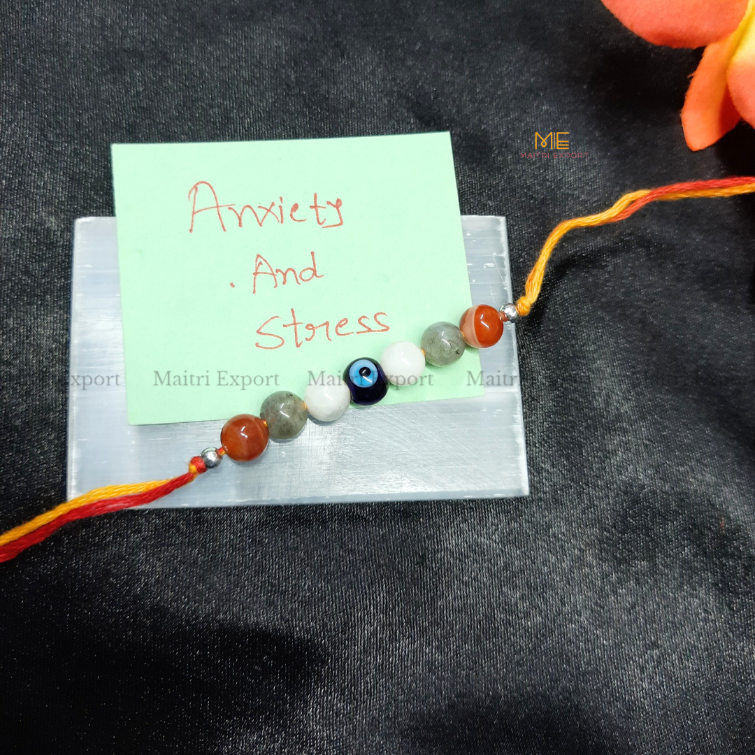 Natural crystal stone purposed rakhi-Anxiety & Stress Relief-with evil eye bead-Maitri Export | Crystals Store