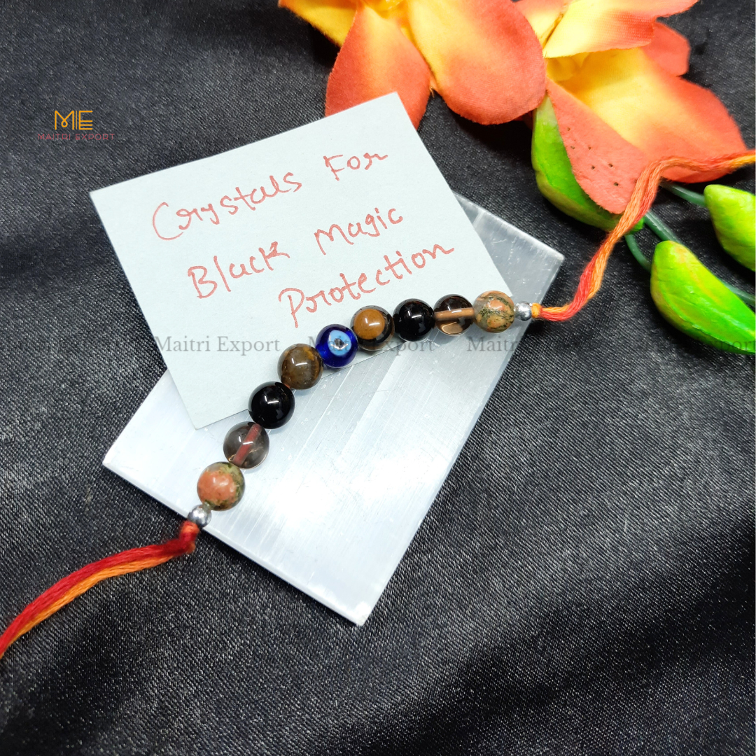 Natural crystal stone purposed rakhi-Black Magic Protection-with evil eye bead-Maitri Export | Crystals Store