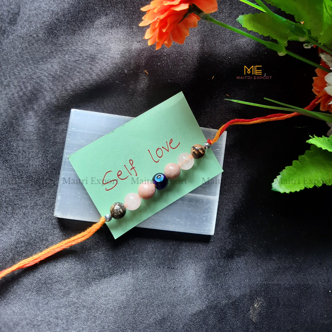 Natural crystal stone purposed rakhi-Self Love-with evil eye bead-Maitri Export | Crystals Store