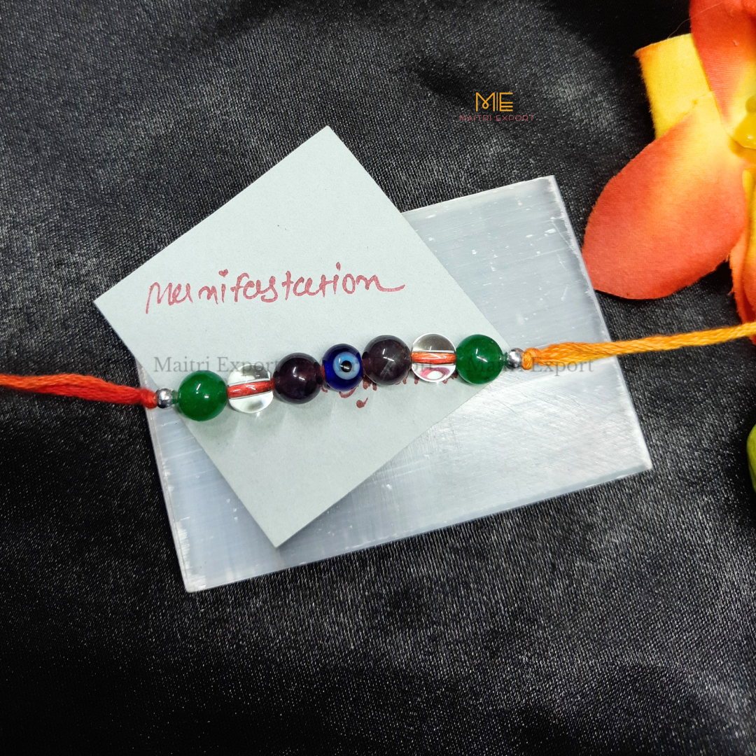 Natural crystal stone purposed rakhi-Manifestation-with evil eye bead-Maitri Export | Crystals Store