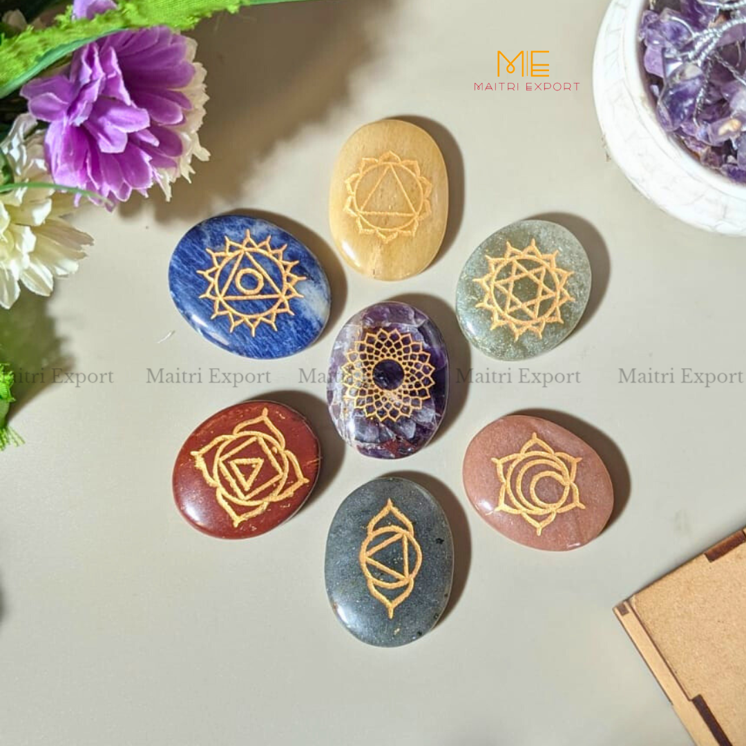 7 Chakra symbol engraved Oval Set-Without Box-Maitri Export | Crystals Store