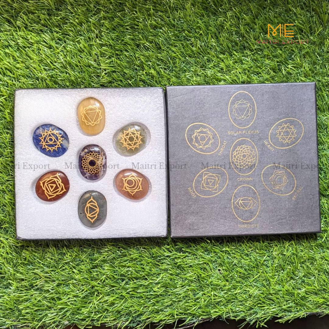 7 Chakra symbol engraved Oval Set-With Black Box-Maitri Export | Crystals Store