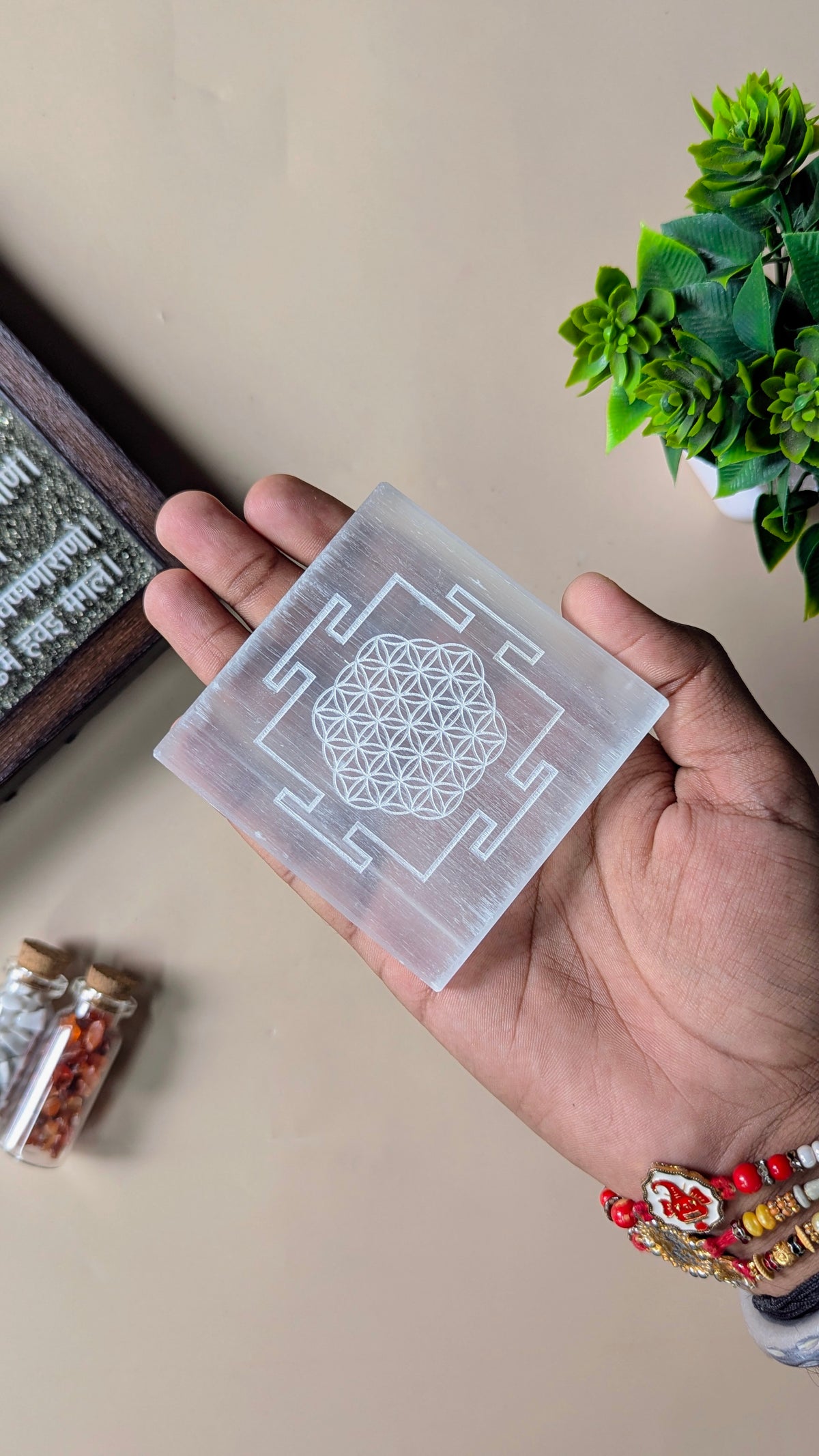 Natural selenite plate with different carvings-Square-Shreeyantra with Flower of Life-Maitri Export | Crystals Store