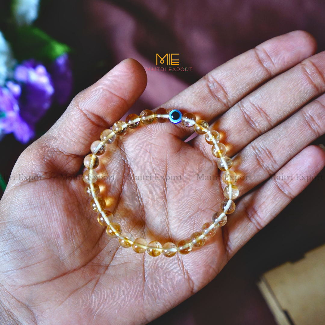 Natural Citrine Star Quality 6mm Crystal Beaded Bracelet-With Evil Eye Bracelet-Maitri Export | Crystals Store