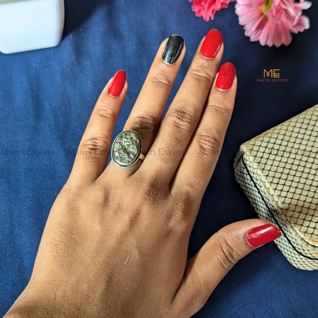 Pyrite Cluster Adjustable Ring Oval Shape | Wealth & Protection Crystal-Maitri Export | Crystals Store