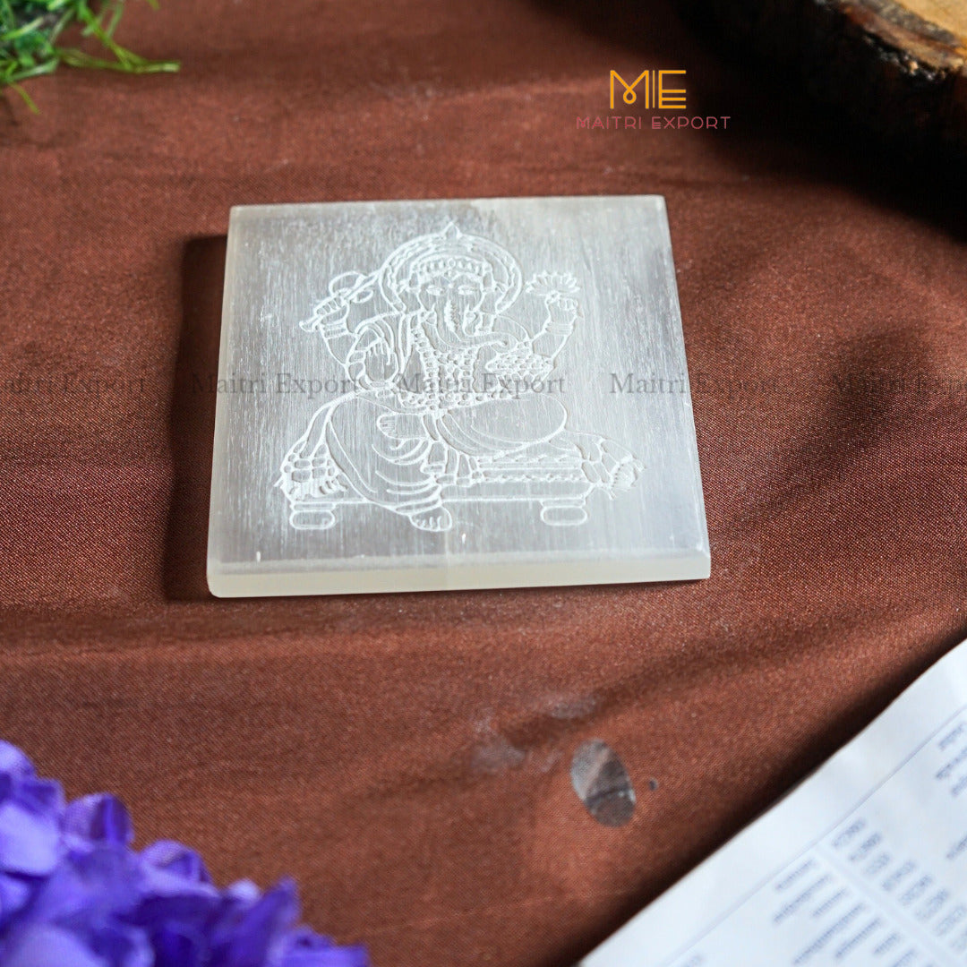 Natural selenite plate with different carvings 4 inch-Square-Ganesha 1-Maitri Export | Crystals Store