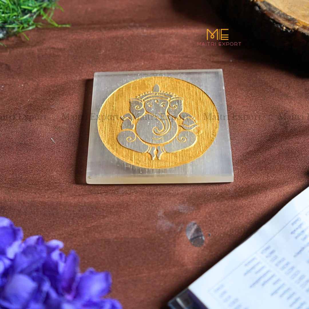 Natural selenite plate with different carvings 4 inch-Square-Ganesha in Golden-Maitri Export | Crystals Store