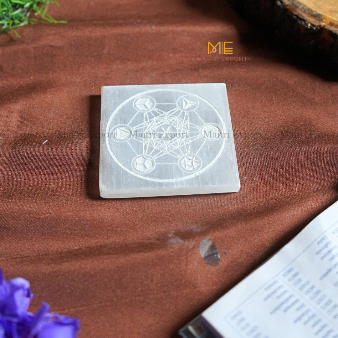 Natural selenite plate with different carvings 4 inch-Square-Metatron-Maitri Export | Crystals Store