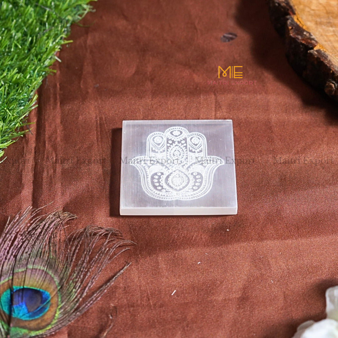 Natural selenite plate with different carvings 4 inch-Square-Hamsa hand 1-Maitri Export | Crystals Store