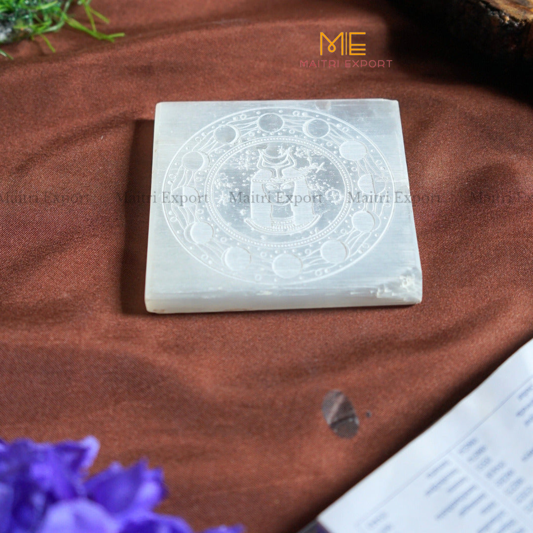 Natural selenite plate with different carvings 4 inch-Square-Triple Goddess Moon phase-Maitri Export | Crystals Store