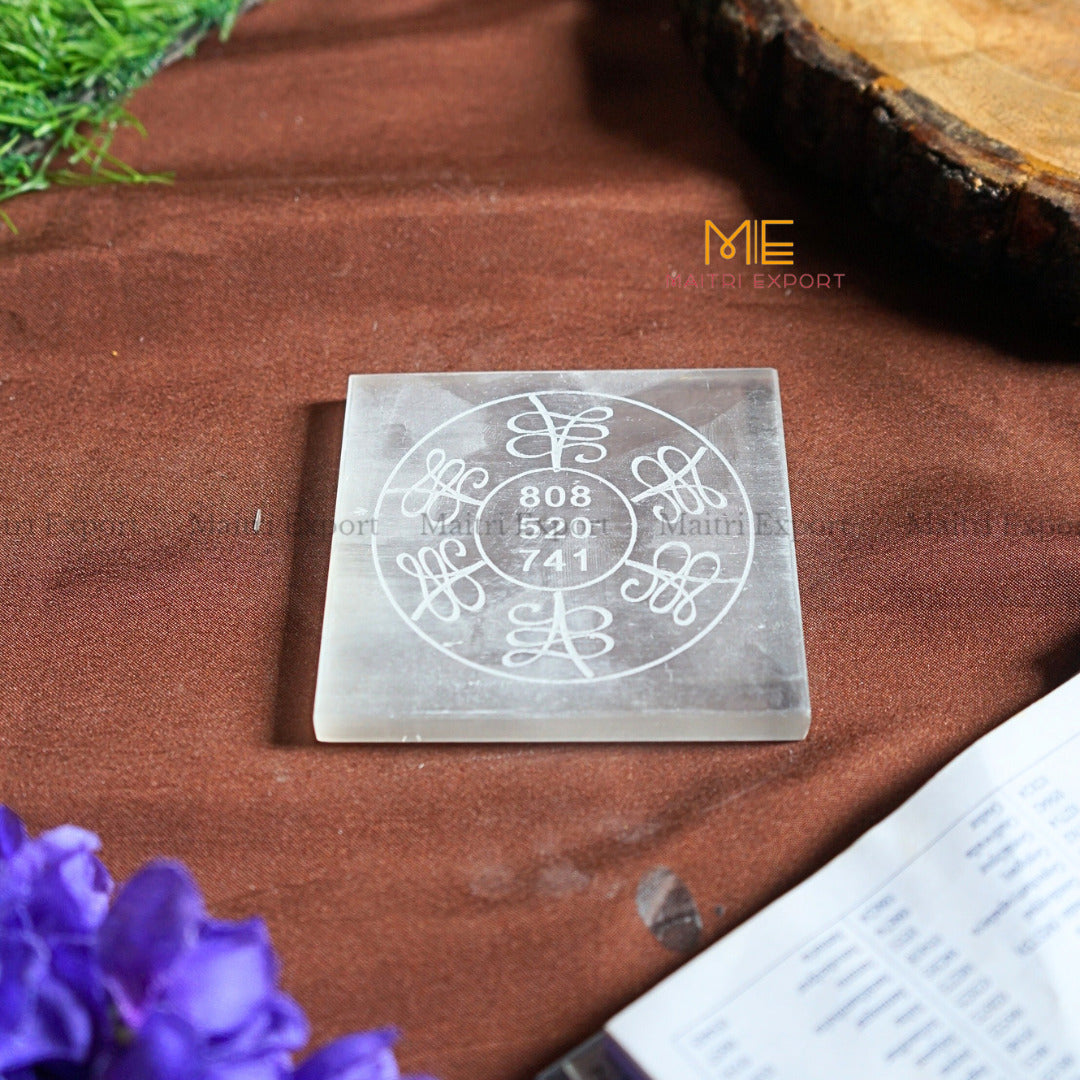 Natural selenite plate with different carvings 4 inch-Square-Zibu symbol for Money-Maitri Export | Crystals Store