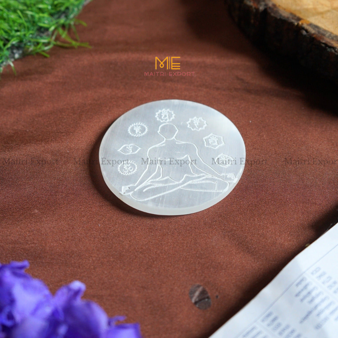 Natural selenite plate with different carvings 4 inch-Round-7 chakra sanskrit with buddha-Maitri Export | Crystals Store