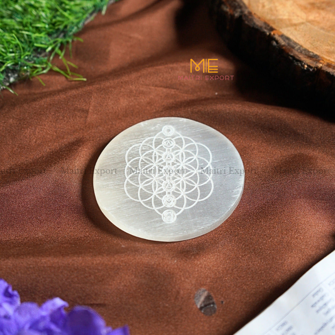 Natural selenite plate with different carvings 4 inch-Round-7 chakra with flower of life-Maitri Export | Crystals Store