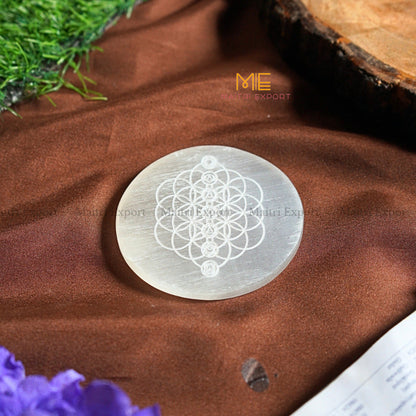 Natural selenite plate with different carvings 4 inch-Round-7 chakra with flower of life-Maitri Export | Crystals Store