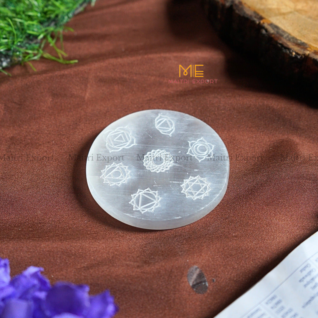 Natural selenite plate with different carvings 4 inch-Round-7 chakra White-Maitri Export | Crystals Store