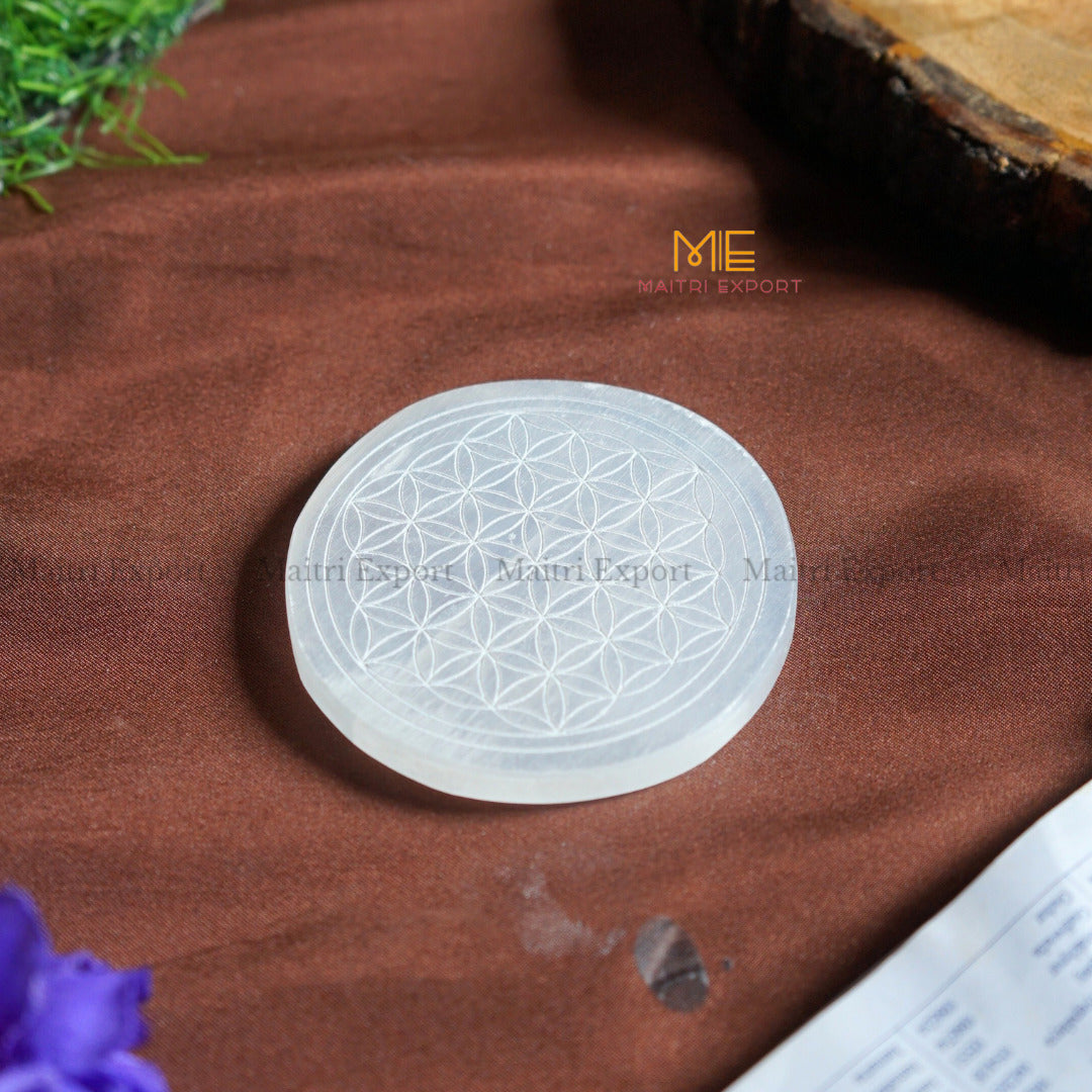 Natural selenite plate with different carvings 4 inch-Round-Flower of Life-Maitri Export | Crystals Store