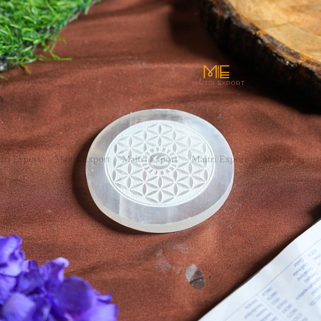 Natural selenite plate with different carvings 4 inch-Round-Flower Of Life with Eye of Horus-Maitri Export | Crystals Store