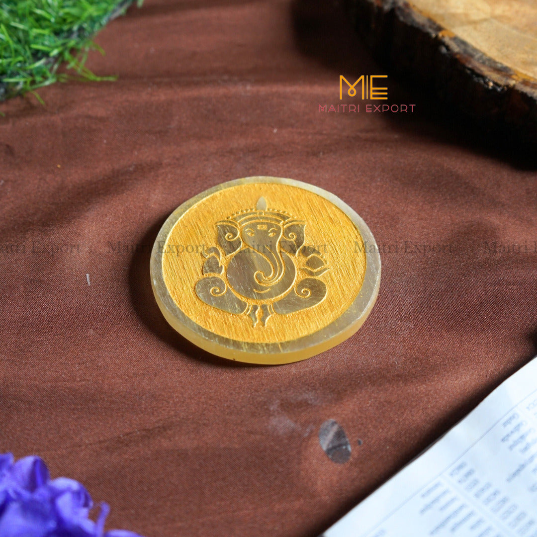 Natural selenite plate with different carvings 4 inch-Round-Ganesha in Golden-Maitri Export | Crystals Store