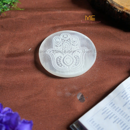 Natural selenite plate with different carvings 4 inch-Round-Hamsa hand 1-Maitri Export | Crystals Store