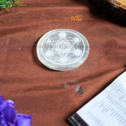 Natural selenite plate with different carvings 4 inch-Round-Metatron-Maitri Export | Crystals Store