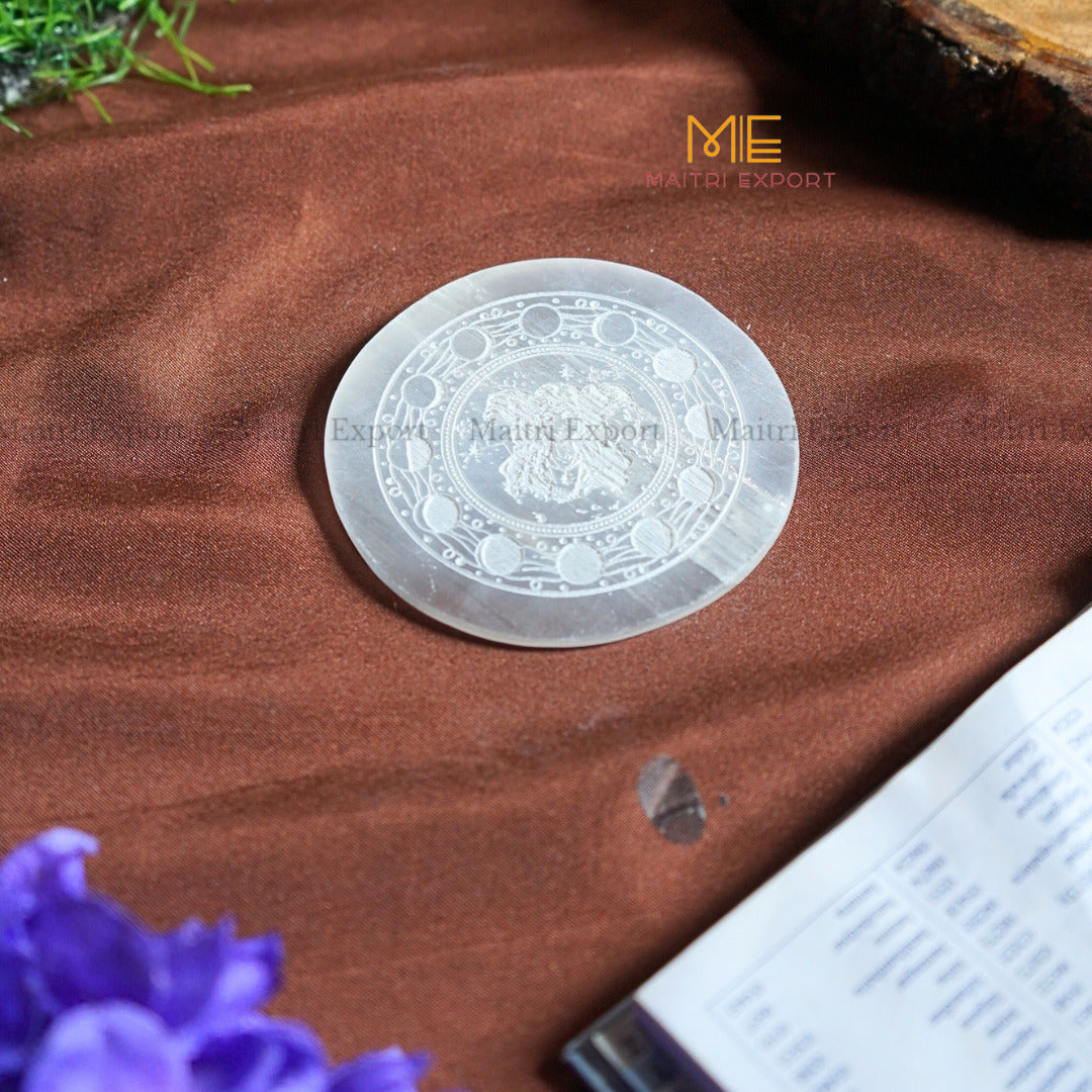 Natural selenite plate with different carvings 4 inch-Round-Triple Goddess Moon phase-Maitri Export | Crystals Store