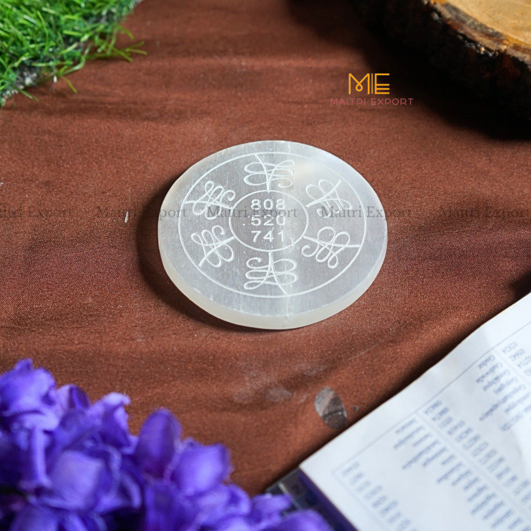 Natural selenite plate with different carvings 4 inch-Round-Zibu symbol for Money-Maitri Export | Crystals Store