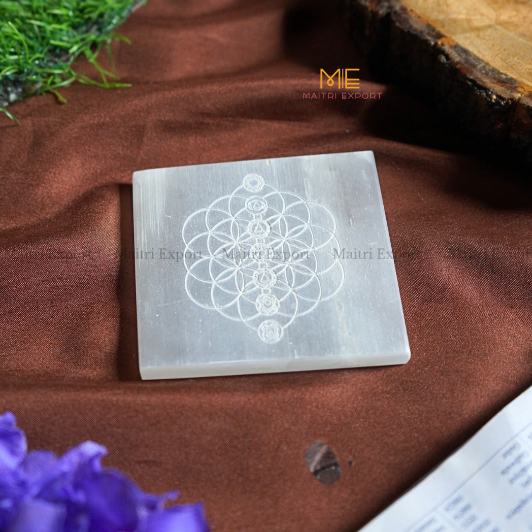 Natural selenite plate with different carvings 4 inch-Square-7 chakra with flower of life-Maitri Export | Crystals Store