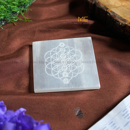 Natural selenite plate with different carvings 4 inch-Square-7 chakra with flower of life-Maitri Export | Crystals Store