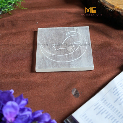 Natural selenite plate with different carvings 4 inch-Square-Cat with Moon-Maitri Export | Crystals Store
