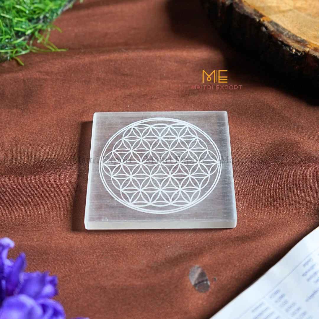 Natural selenite plate with different carvings 4 inch-Square-Flower of Life-Maitri Export | Crystals Store