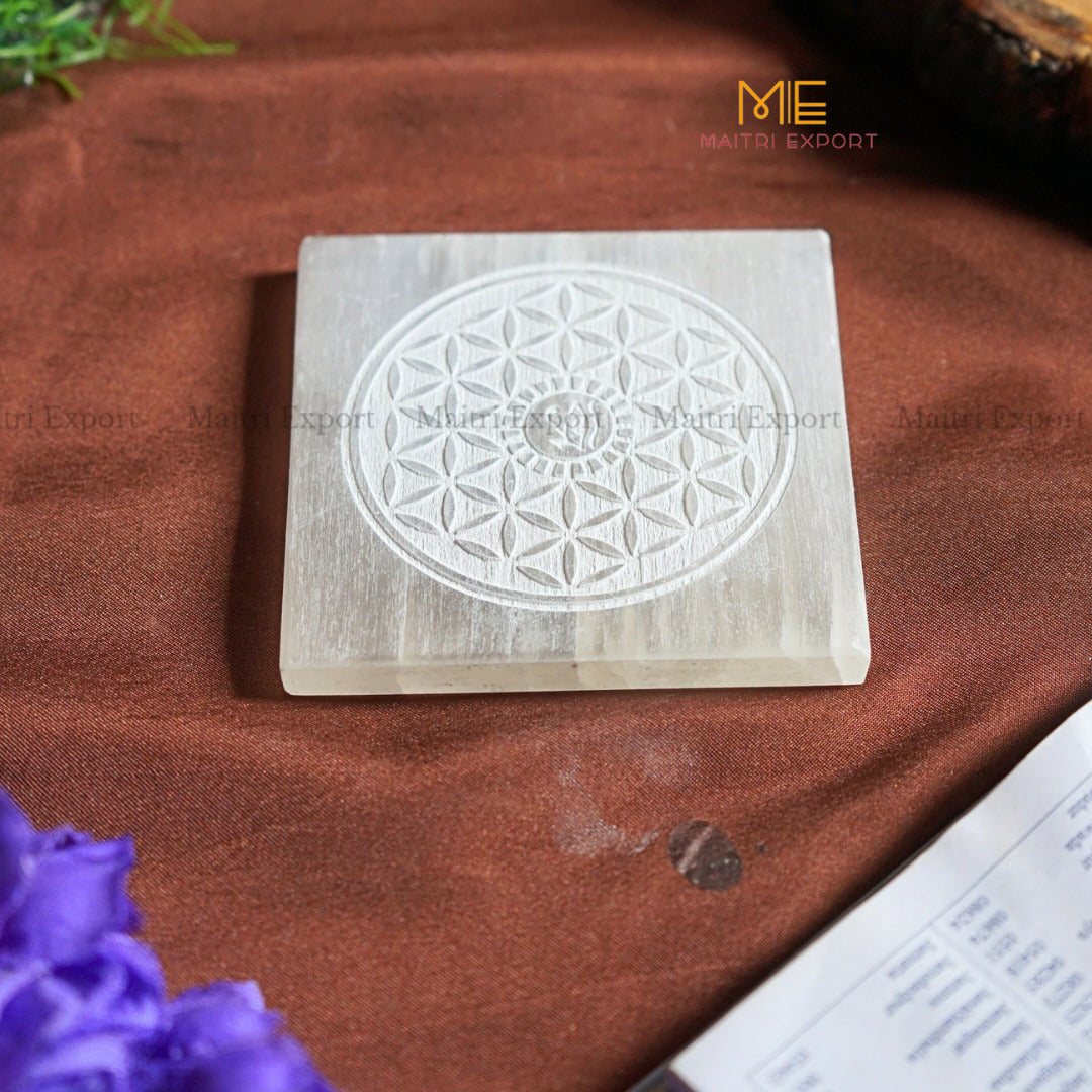 Natural selenite plate with different carvings 4 inch-Square-Flower Of Life with Eye of Horus-Maitri Export | Crystals Store