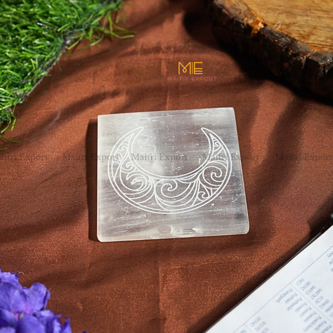 Natural selenite plate with different carvings 4 inch-Square-Half Moon-Maitri Export | Crystals Store