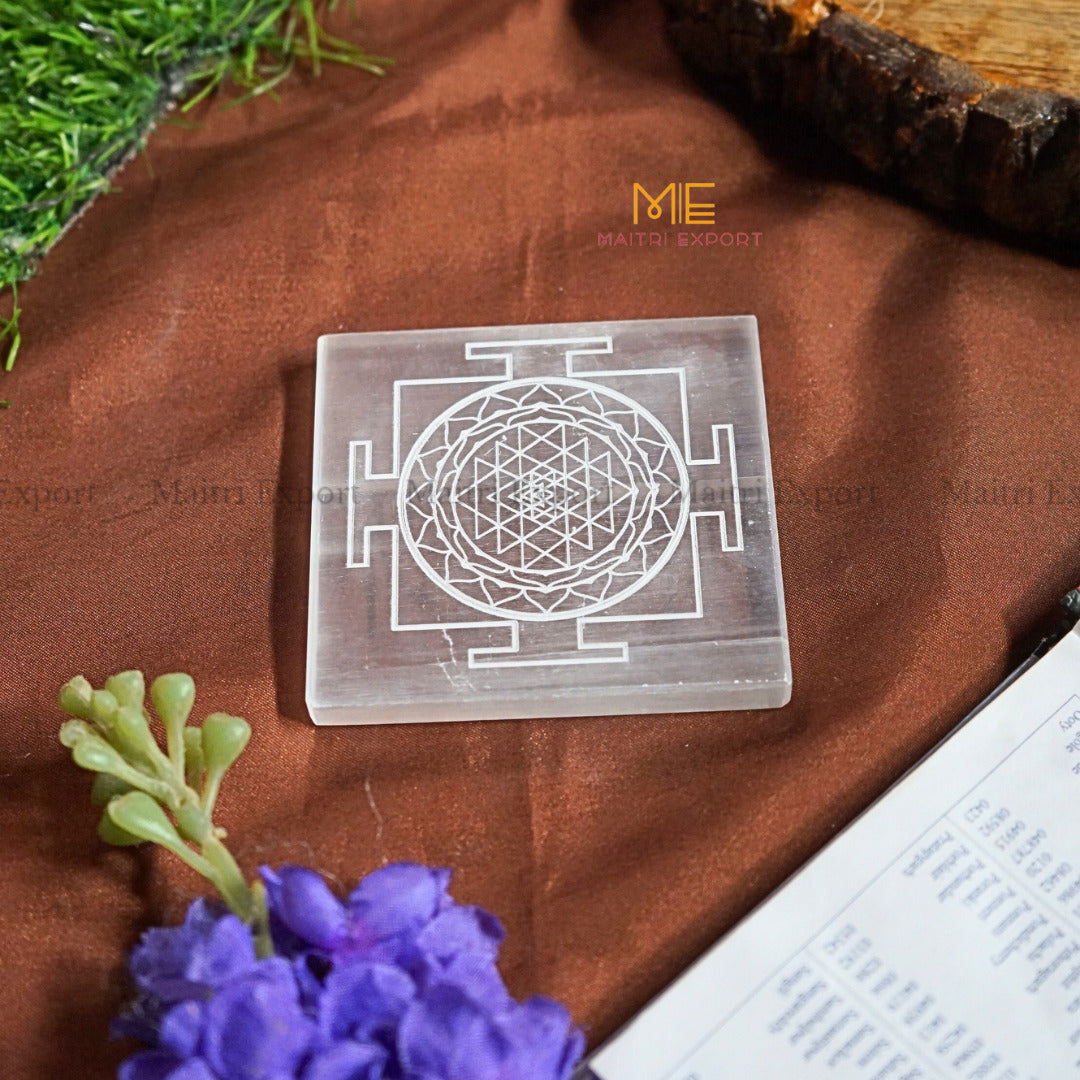 Natural selenite plate with different carvings 4 inch-Square-Shreeyantra 1-Maitri Export | Crystals Store
