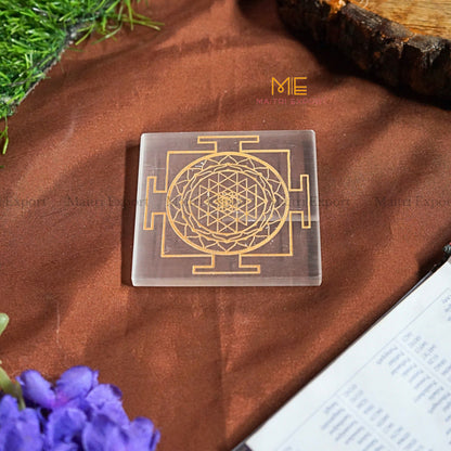 Natural selenite plate with different carvings 4 inch-Square-Shreeyantra in Golden-Maitri Export | Crystals Store