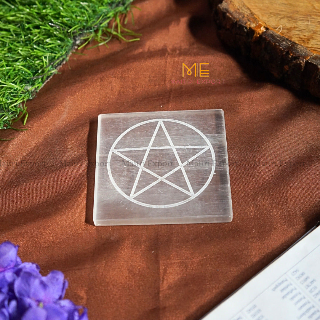 Natural selenite plate with different carvings 4 inch-Square-Star 1-Maitri Export | Crystals Store