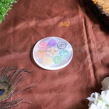 Natural selenite plate with different carvings 4 inch-Round-7 chakra Sanskrit Symbol Multicolor-Maitri Export | Crystals Store