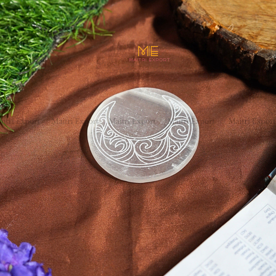 Natural selenite plate with different carvings 4 inch-Round-Half Moon-Maitri Export | Crystals Store
