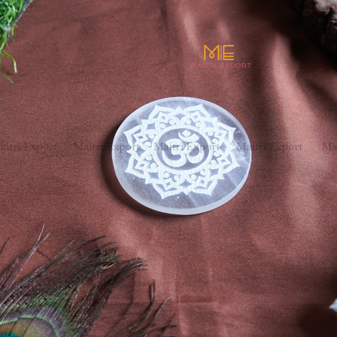 Natural selenite plate with different carvings 4 inch-Round-Ohm Symbol 1-Maitri Export | Crystals Store