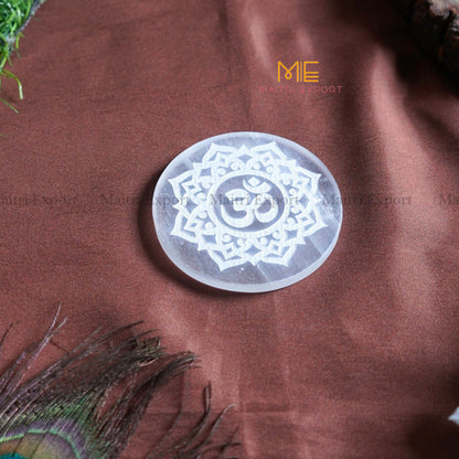 Natural selenite plate with different carvings 4 inch-Round-Ohm Symbol 1-Maitri Export | Crystals Store