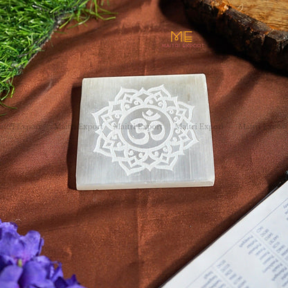 Natural selenite plate with different carvings 4 inch-Square-Ohm Symbol 1-Maitri Export | Crystals Store