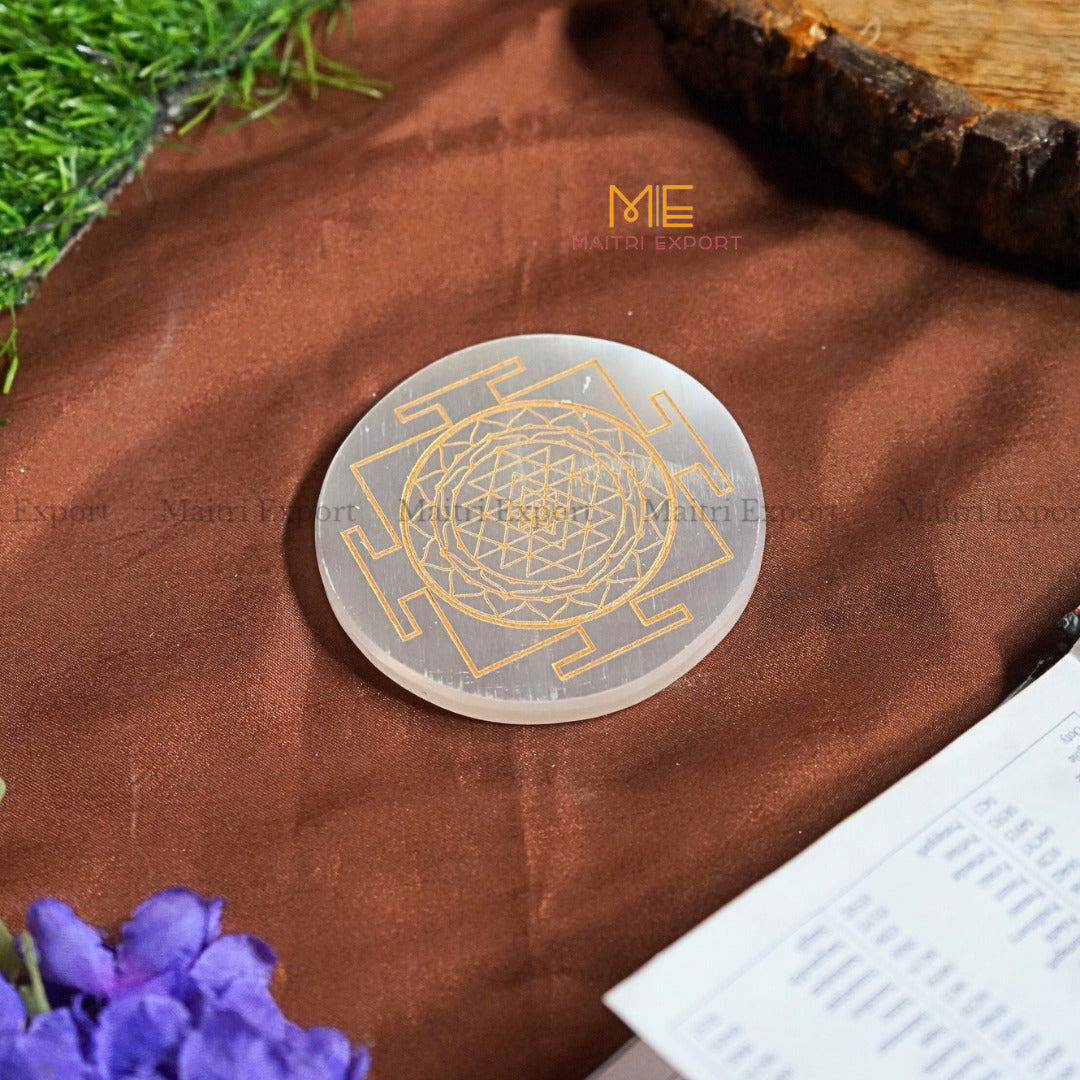 Natural selenite plate with different carvings 4 inch-Round-Shreeyantra in Golden-Maitri Export | Crystals Store
