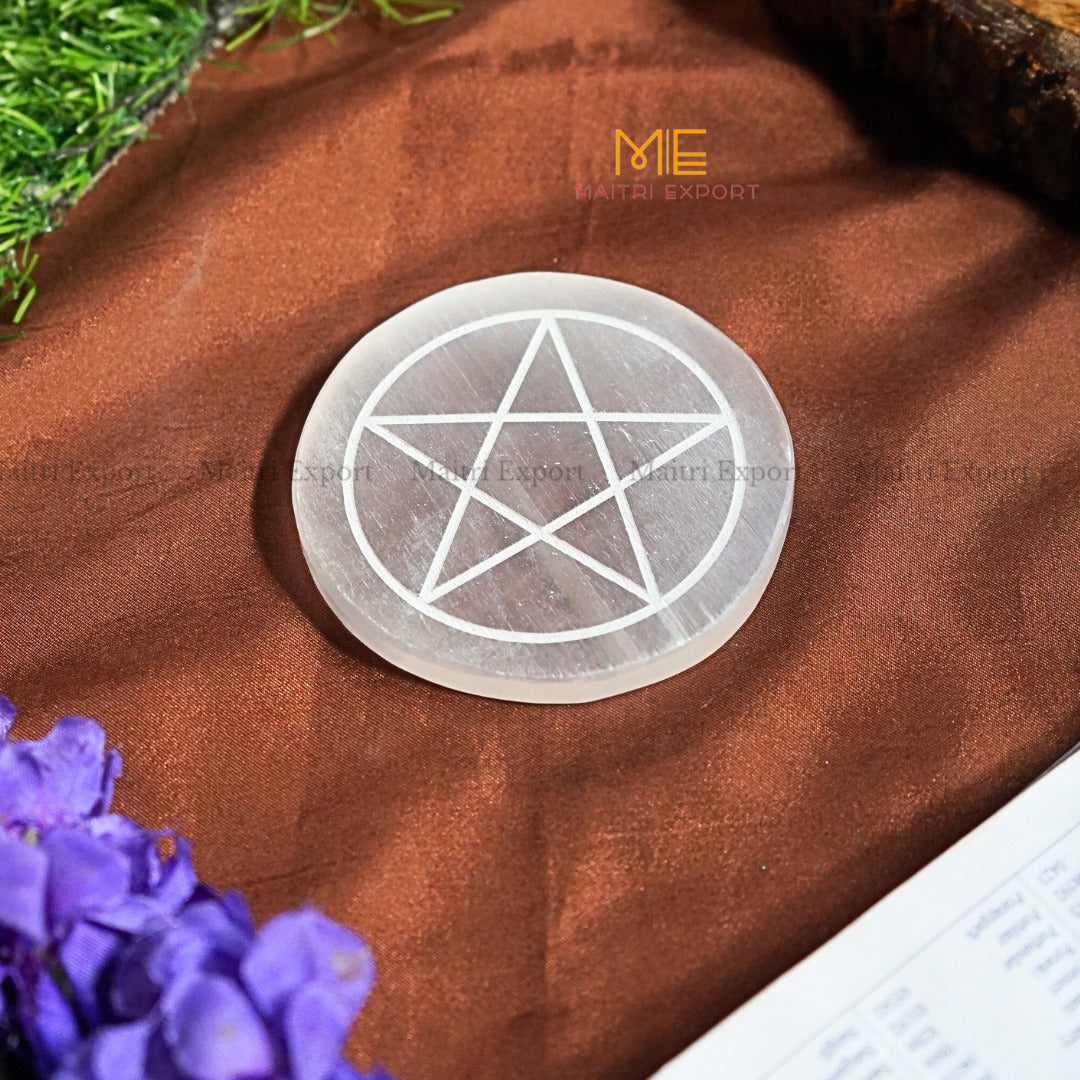Natural selenite plate with different carvings 4 inch-Round-Star 1-Maitri Export | Crystals Store