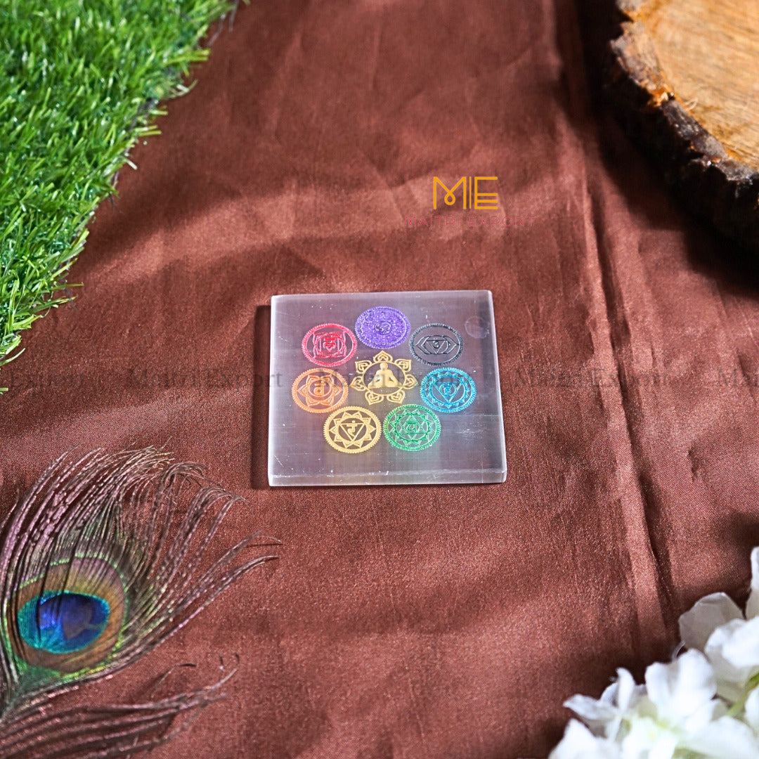 Natural selenite plate with different carvings 4 inch-Square-7 chakra Sanskrit Symbol Multicolor-Maitri Export | Crystals Store