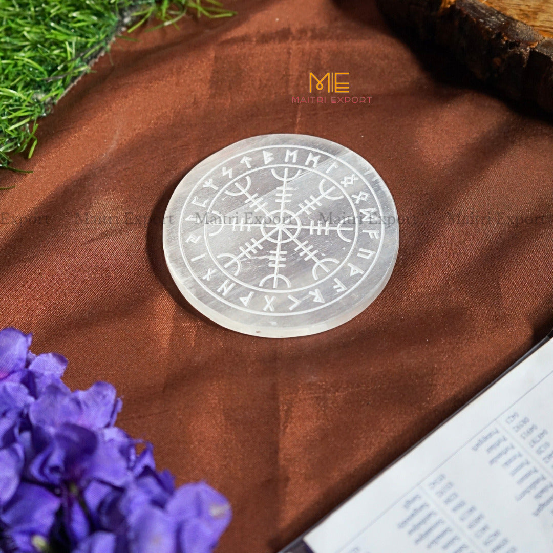 Natural selenite plate with different carvings 4 inch-Round-Rune Symbols-Maitri Export | Crystals Store