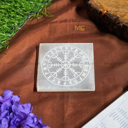 Natural selenite plate with different carvings 4 inch-Square-Rune Symbols-Maitri Export | Crystals Store